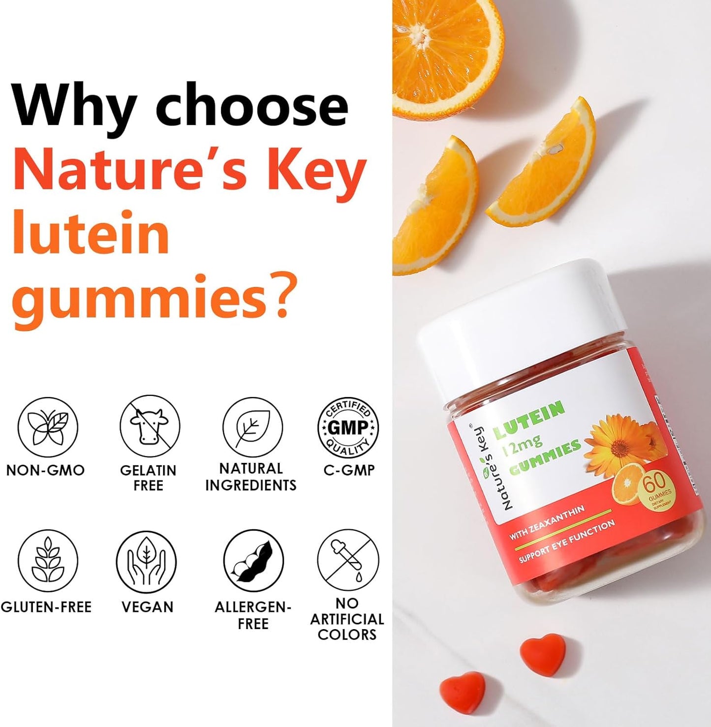 Lutein Gummies 12mg with Zeaxanthin & Vitamin A for Eye Health and Brain Function - Orange Flavor, 60Ct for Kids and Adults