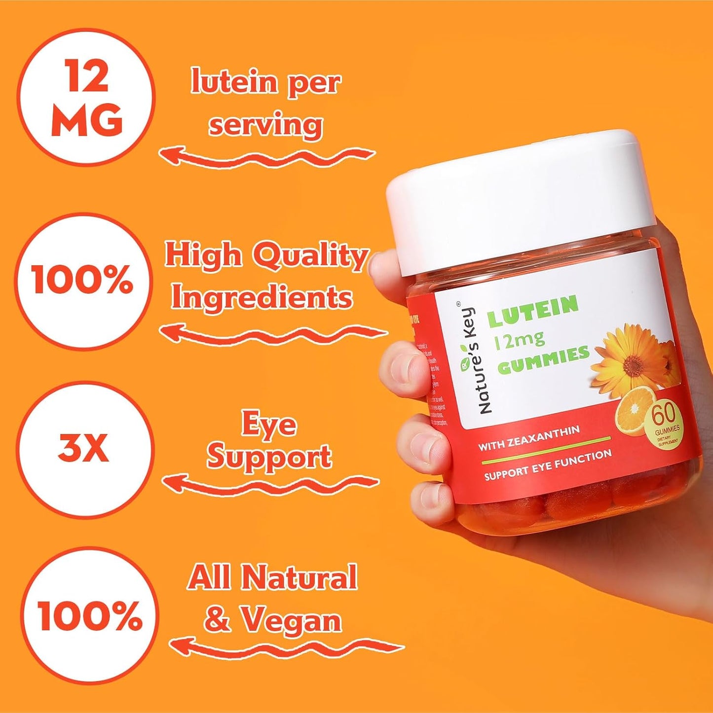 Lutein Gummies 12mg with Zeaxanthin & Vitamin A for Eye Health and Brain Function - Orange Flavor, 60Ct for Kids and Adults