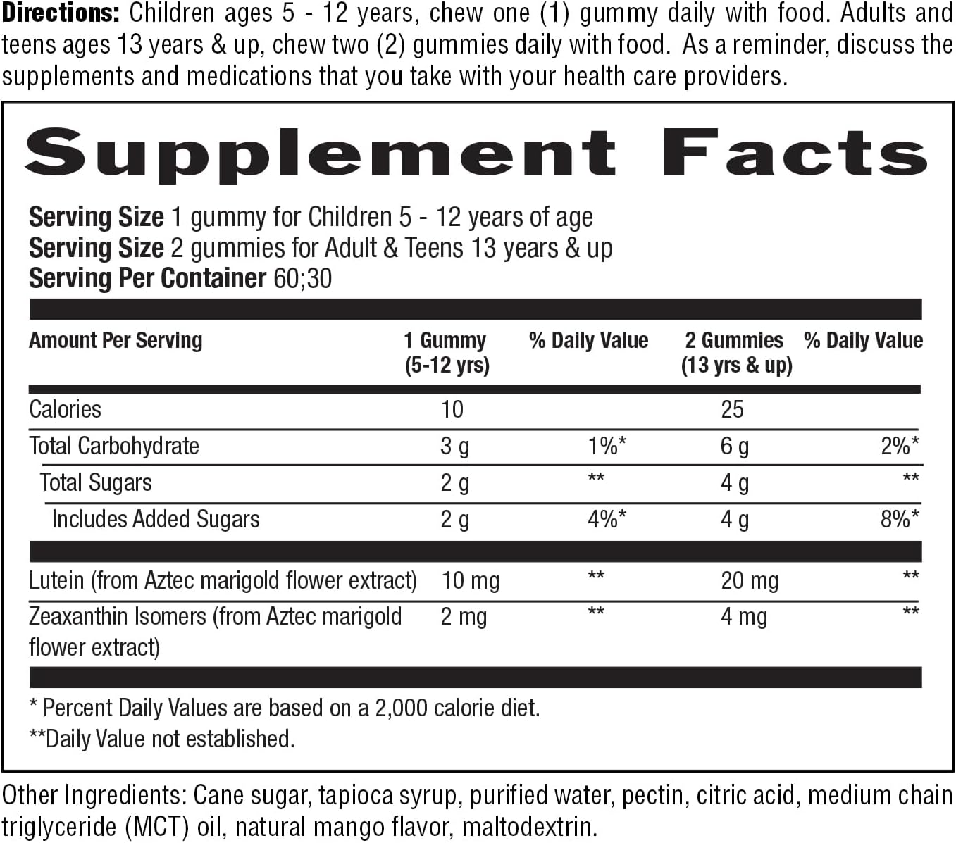 Lutein Gummies with Lutemax 2020 - 60 Ct Chewable Eye Support Supplement - Marigold Lutein & Zeaxanthin - Non-GMO Vegan Eye Health - Natural Fruit Pectin - Macular Support