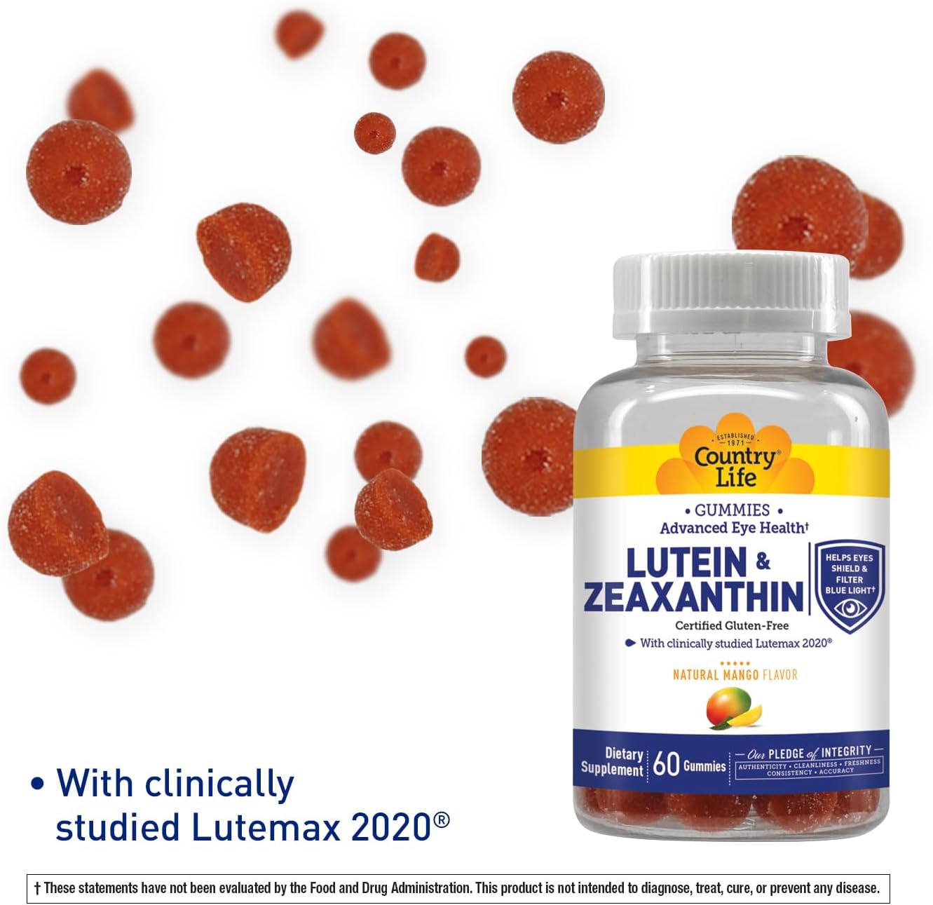 Lutein Gummies with Lutemax 2020 - 60 Ct Chewable Eye Support Supplement - Marigold Lutein & Zeaxanthin - Non-GMO Vegan Eye Health - Natural Fruit Pectin - Macular Support