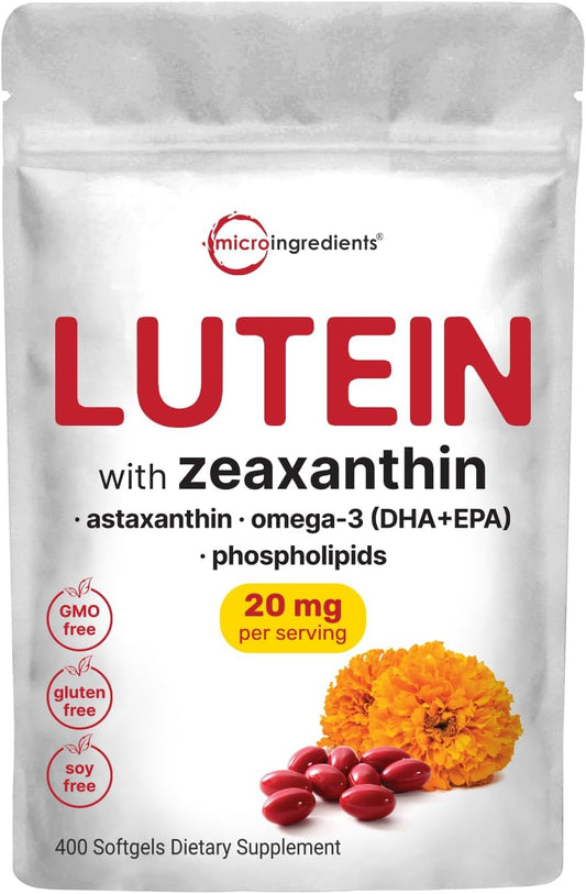 Lutein & Zeaxanthin Softgels 20mg, 400 Count - Eye Health Supplements with Astaxanthin, Omega-3s, Phospholipids - Non-GMO & Gluten Free - Third Party Tested