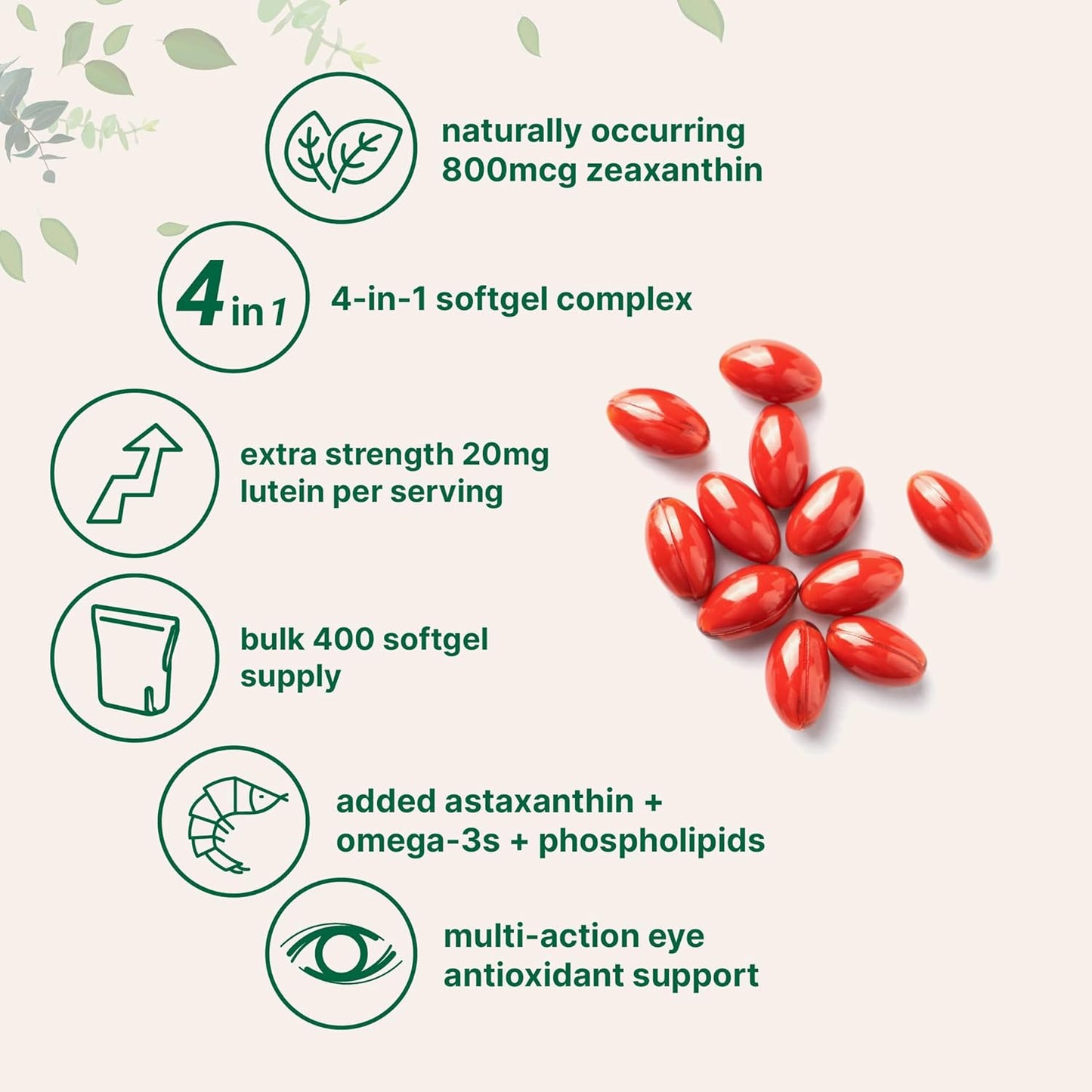 Lutein & Zeaxanthin Softgels 20mg, 400 Count - Eye Health Supplements with Astaxanthin, Omega-3s, Phospholipids - Non-GMO & Gluten Free - Third Party Tested