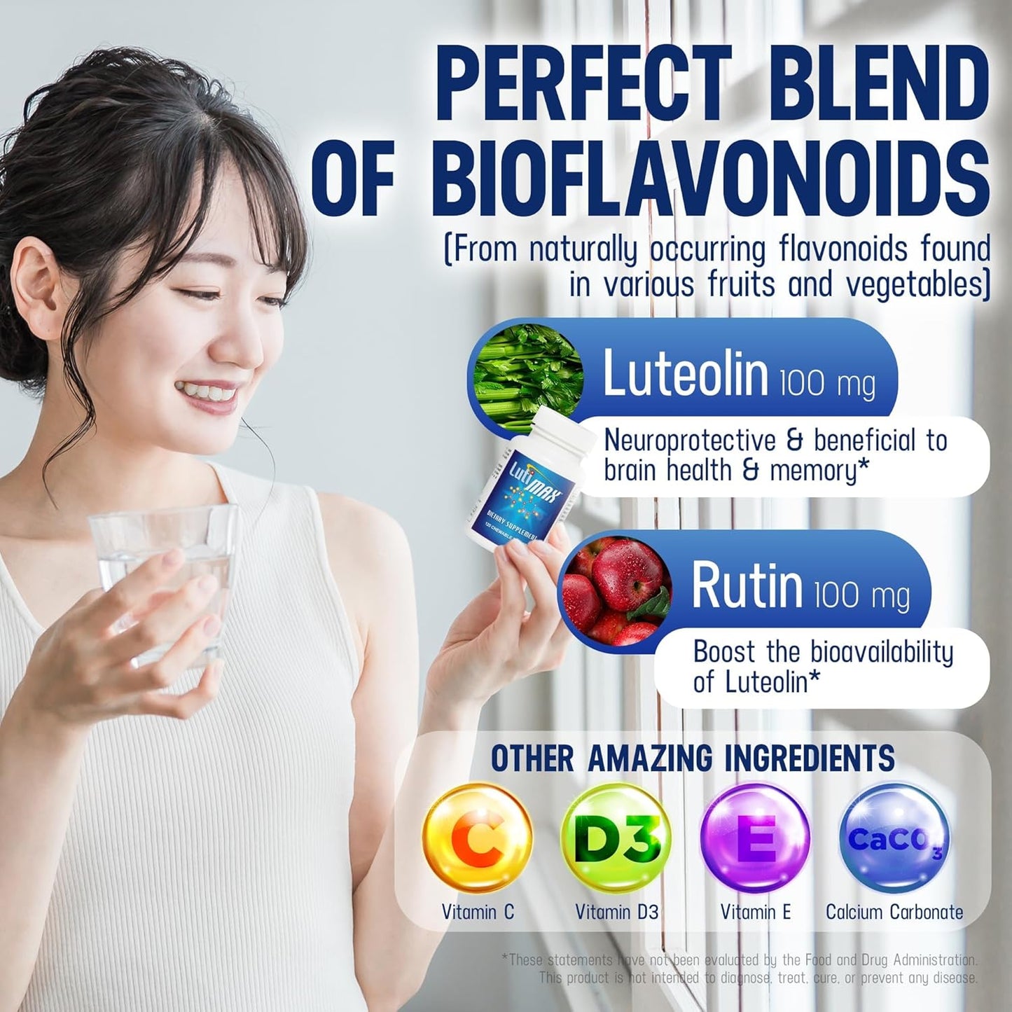 Lutimax Luteolin Complex with Rutin - Immune Support Brain Supplement - Bioflavonoids with Vitamin C, D, and E for Joint, Muscle, and Dietary Health - Antioxidants Supplement - 120 Tablets - BoostGo Australia