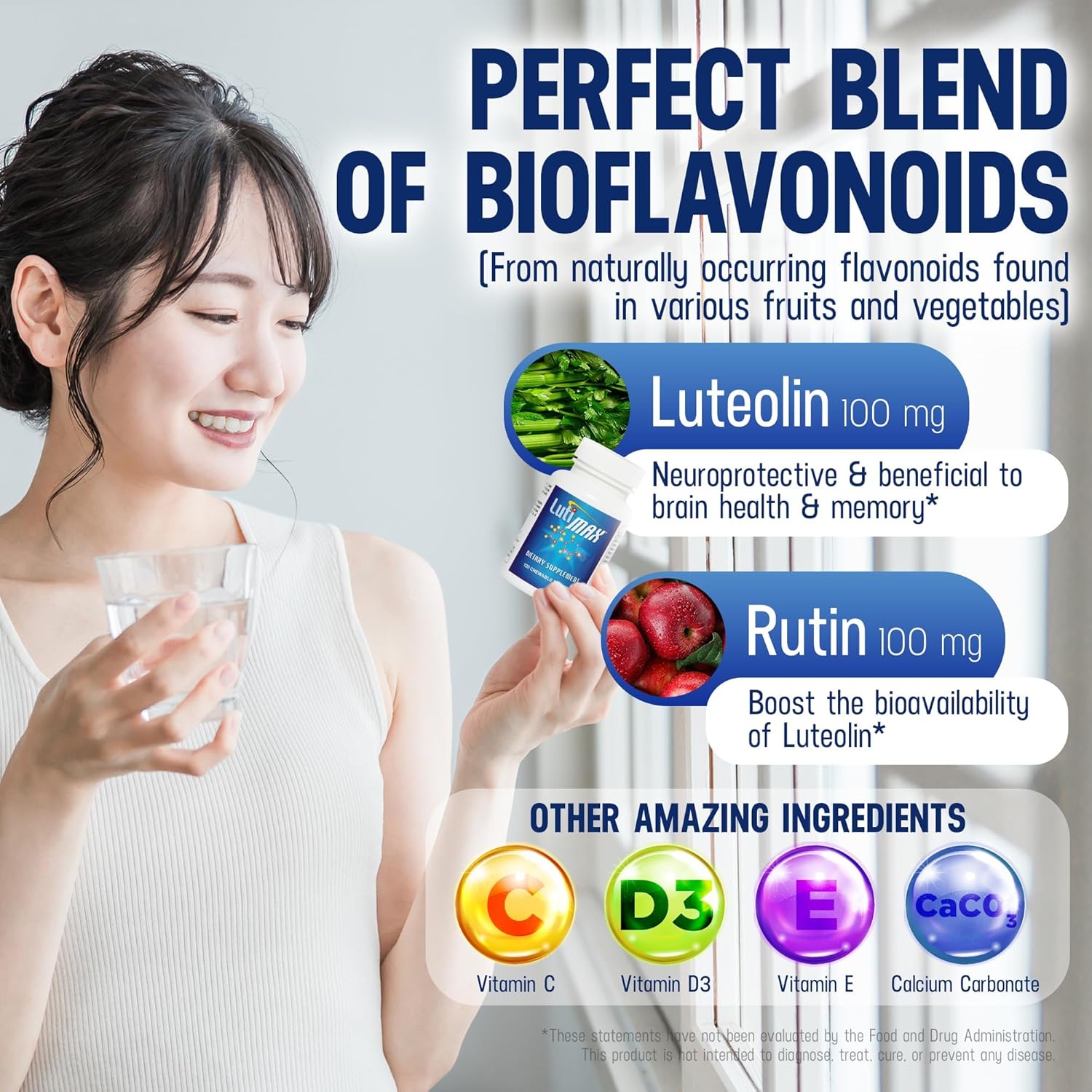 Lutimax Luteolin Complex with Rutin - Immune Support Brain Supplement - Bioflavonoids with Vitamin C, D, and E for Joint, Muscle, and Dietary Health - Antioxidants Supplement - 120 Tablets - BoostGo Australia
