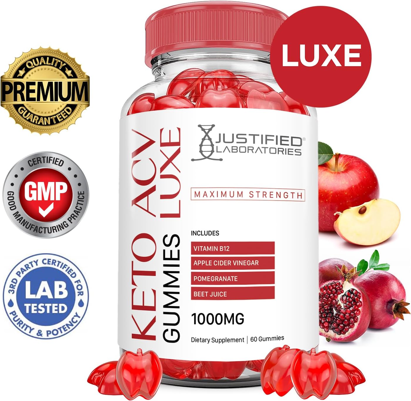 Luxe Keto ACV Gummies 5-Pack | 1000MG Advanced Formula with Pomegranate Beet Juice | Vegan Non GMO 300 Gummies | Justified Laboratories