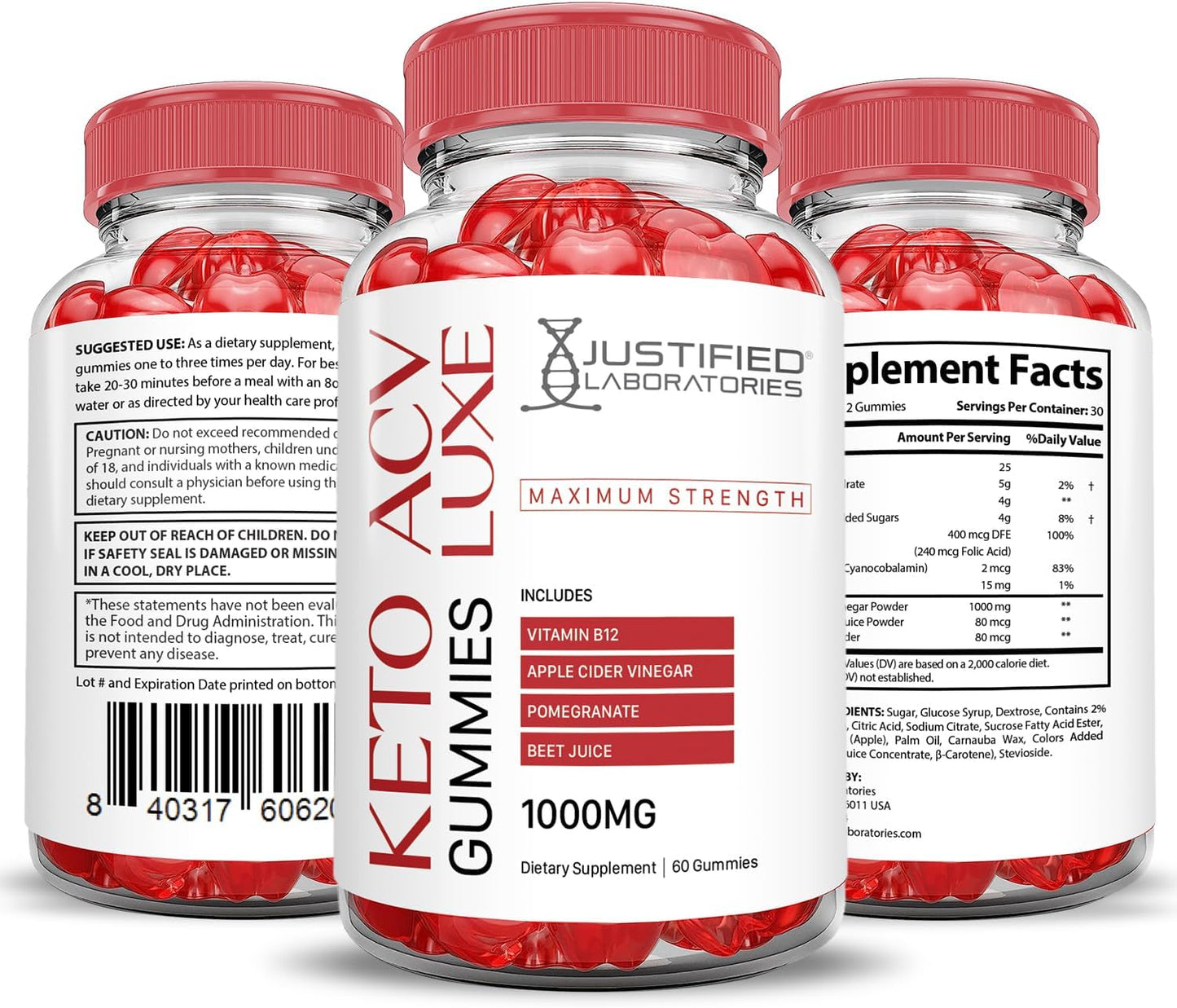 Luxe Keto ACV Gummies 5-Pack | 1000MG Advanced Formula with Pomegranate Beet Juice | Vegan Non GMO 300 Gummies | Justified Laboratories