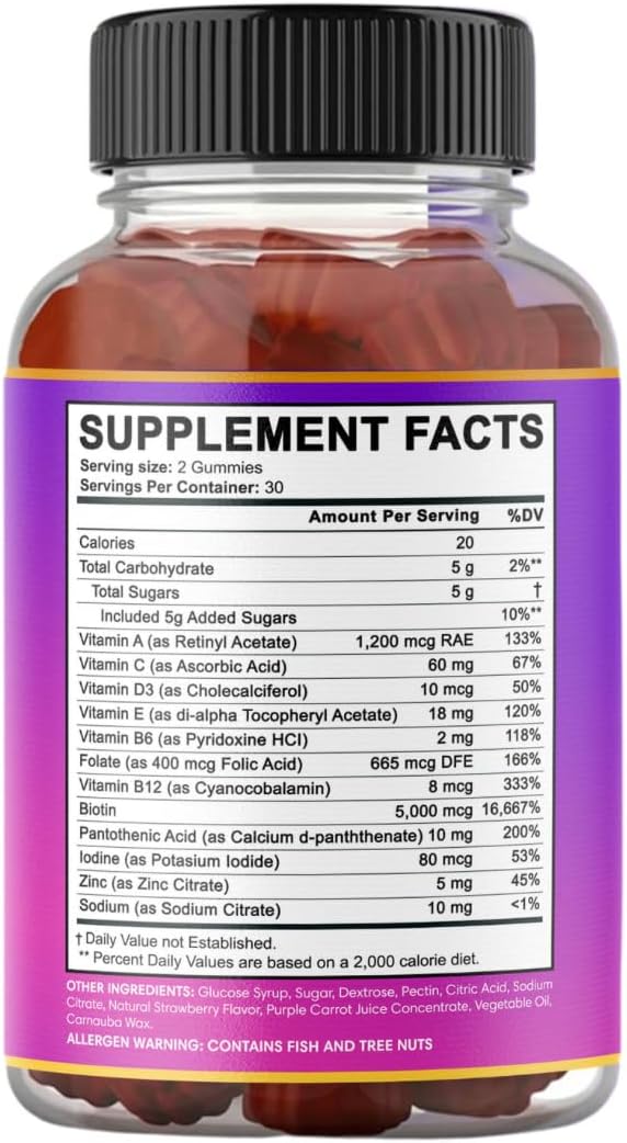 Luxury Biotin Gummies for Hair Growth - 5000mcg Biotin, Vitamins B12, B6, Folic Acid, Iodine, Zinc - Hair Supplement for Men & Women - 1 Month Supply