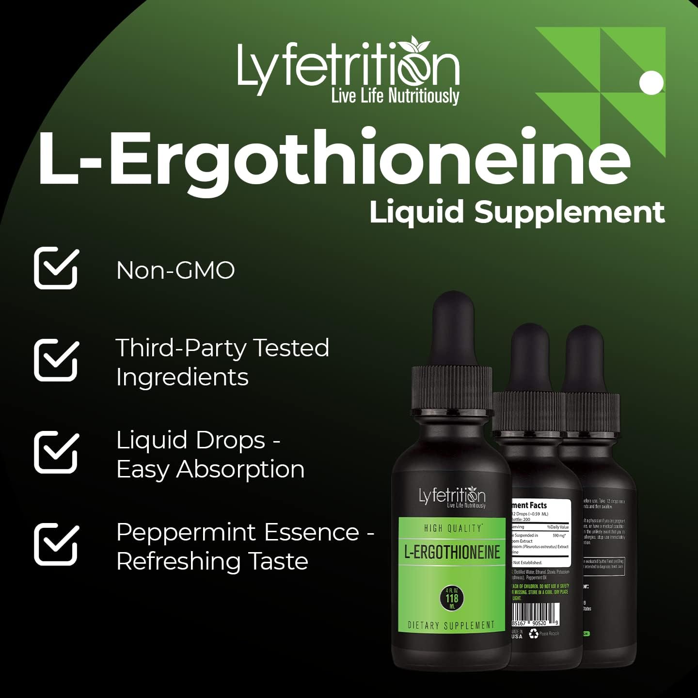 Lyfetrition L-Ergothioneine Liquid Supplement 540 mg - 4 Oz Bottle with 220 Servings - Made in USA - Quick Absorption - Potent Ingredients - Third-Party Tested - Non-GMO - GMP Certified - Cruelty-Free