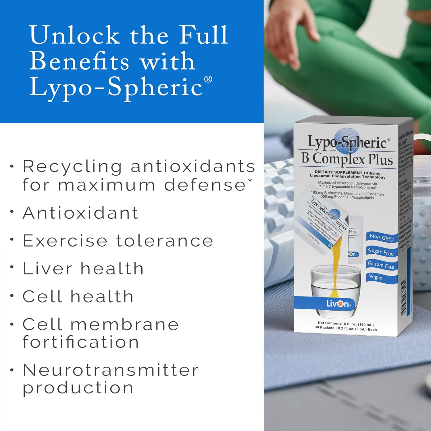 Lypo-Spheric B Complex Plus - 30 Packets with 195mg B Vitamins, Minerals, and Cinnamon - Liposome Encapsulated for Better Absorption - Non-GMO