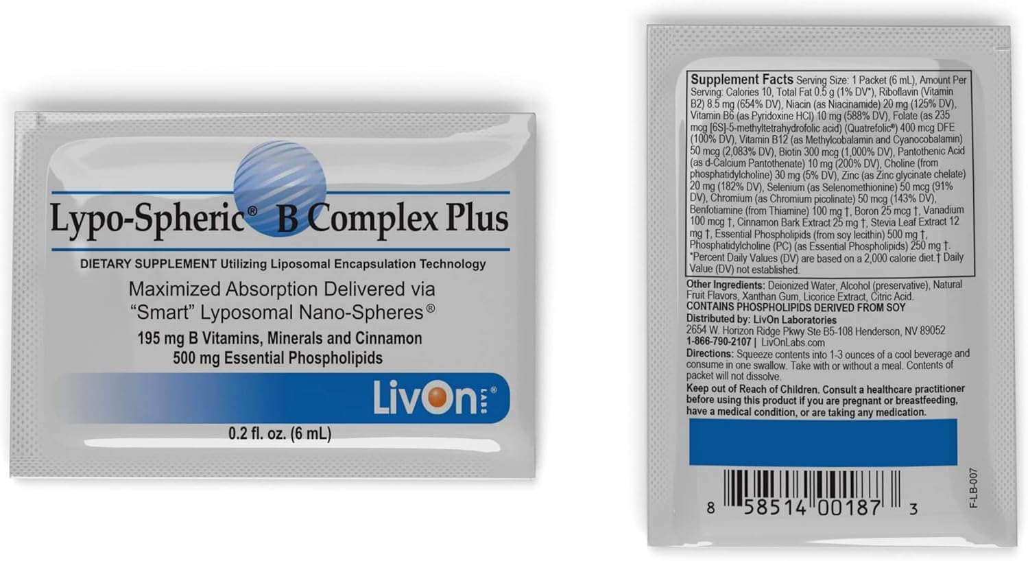 Lypo-Spheric B Complex Plus - 30 Packets with 195mg B Vitamins, Minerals, and Cinnamon - Liposome Encapsulated for Better Absorption - Non-GMO