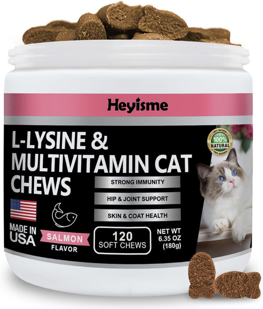 Lysine Cat Treats for Immune Support, Respiratory Health, and Eye Function - Salmon Flavored Lysine Supplement (120 Pills)