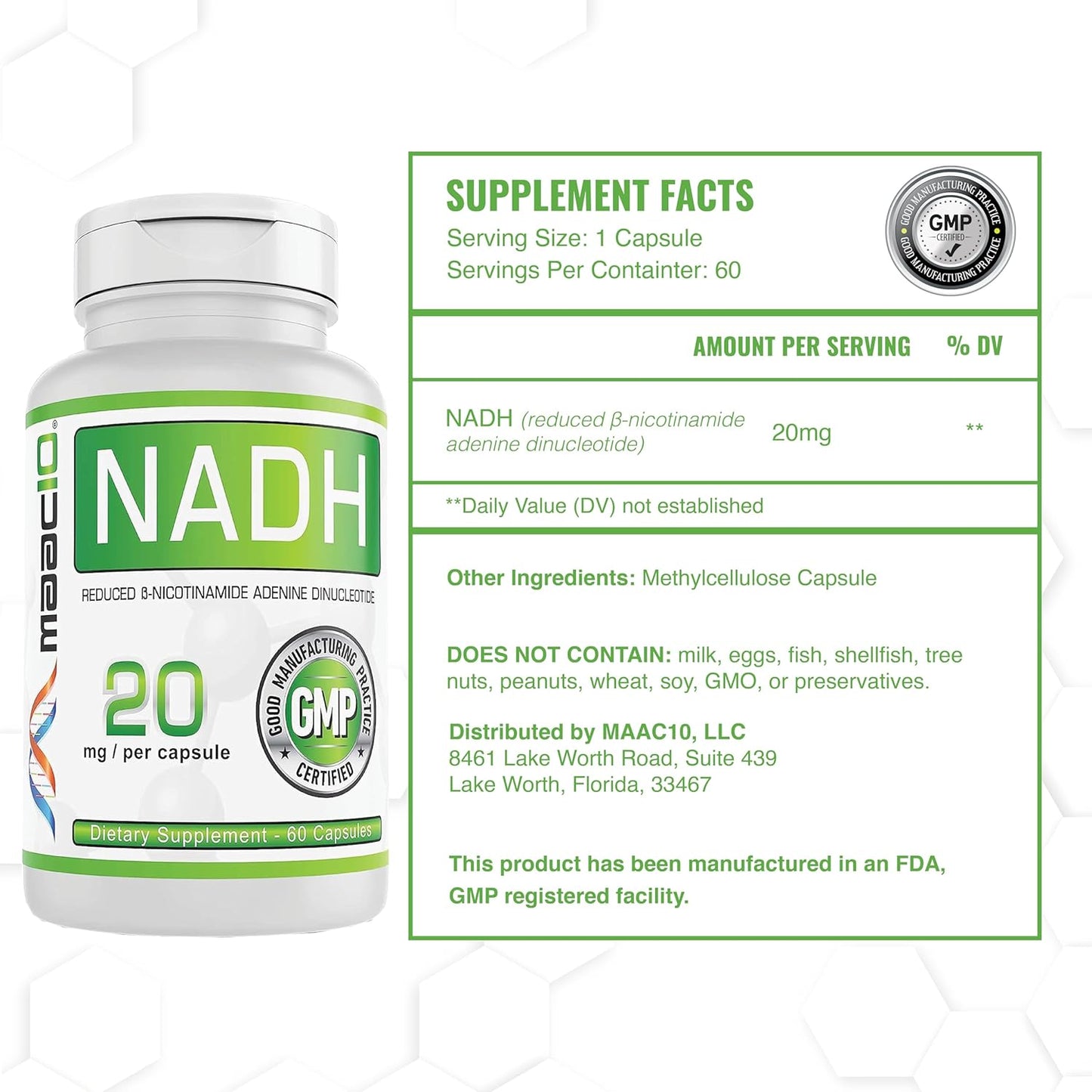 MAAC10 NADH Supplement 20mg 60 Capsules | Boost Energy, Combat Fatigue, Enhance Mental Focus & NAD+ Longevity | Pharmaceutical Grade Pure NADH