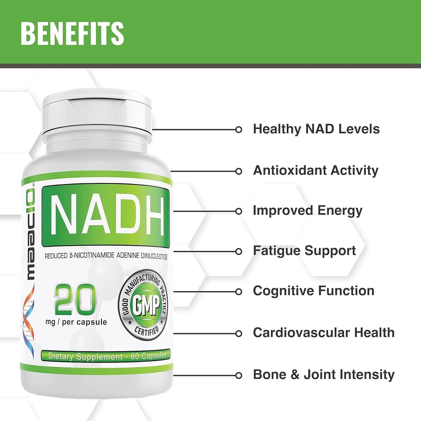 MAAC10 NADH Supplement 20mg 60 Capsules | Boost Energy, Combat Fatigue, Enhance Mental Focus & NAD+ Longevity | Pharmaceutical Grade Pure NADH