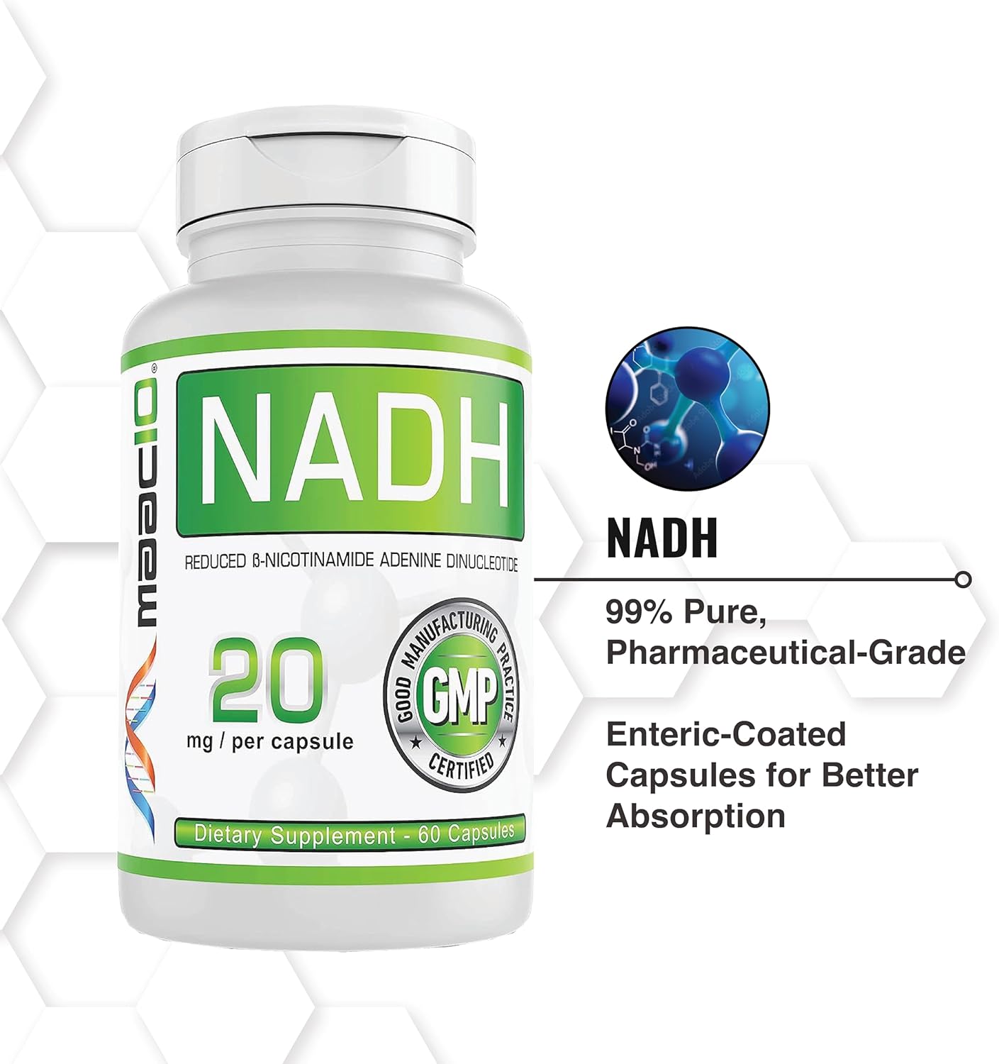 MAAC10 NADH Supplement 20mg 60 Capsules | Boost Energy, Combat Fatigue, Enhance Mental Focus & NAD+ Longevity | Pharmaceutical Grade Pure NADH