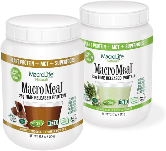 MacroLife Naturals MacroMeal Vegan Protein Powder Bundle - Vanilla and Chocolate Flavors, 30 Servings, Superfood Greens Included
