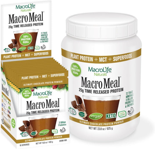 MacroMeal Vegan Chocolate Bundle - 2 Count, 15 Servings Cannister (23.8oz) & 10-Packet Box