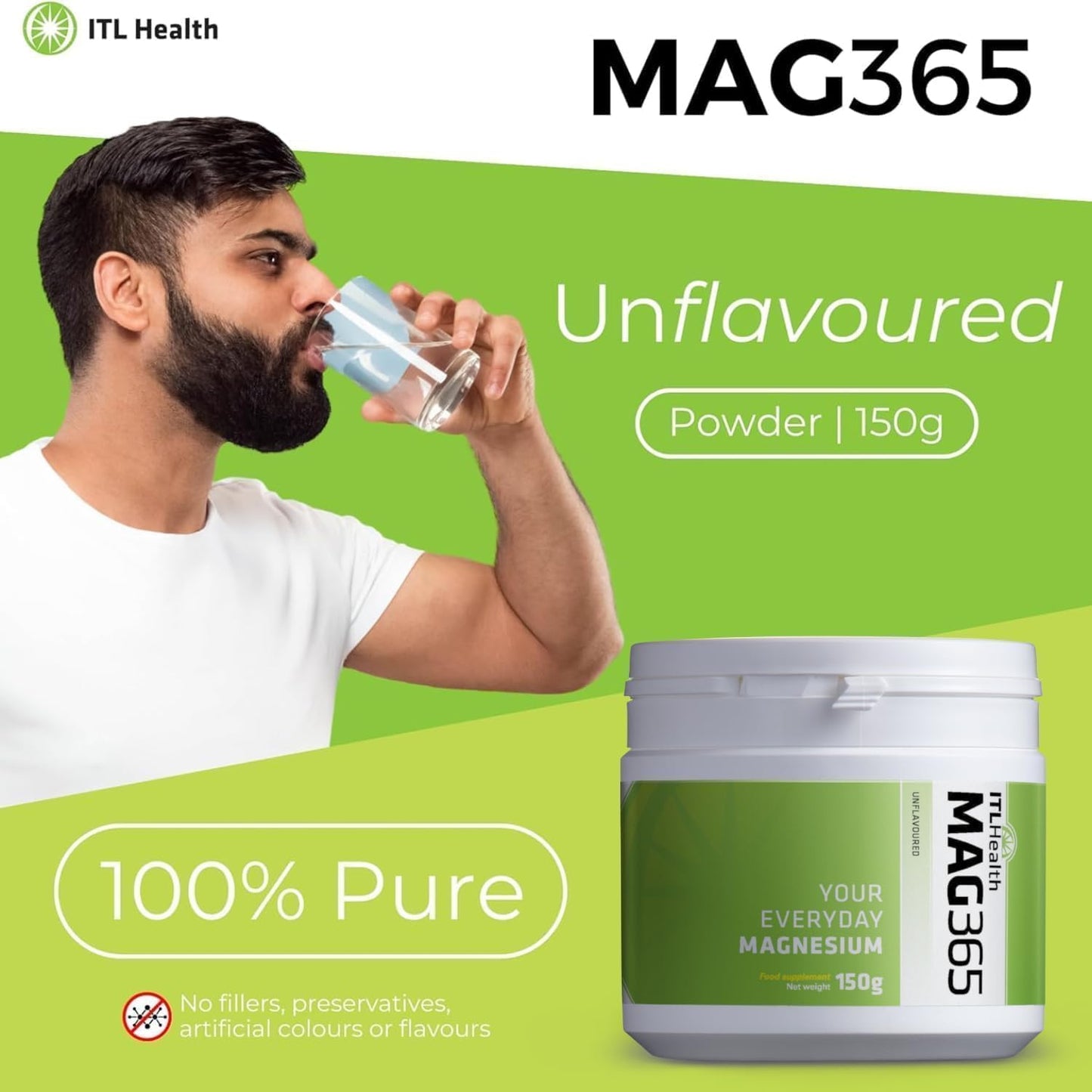 MAG365 ITL Health Ionic Magnesium Citrate Powder - Unflavored, Natural Citrus Taste - Supports Metabolism, Strong Bones, Muscle Function, Heart Health - 38 Servings