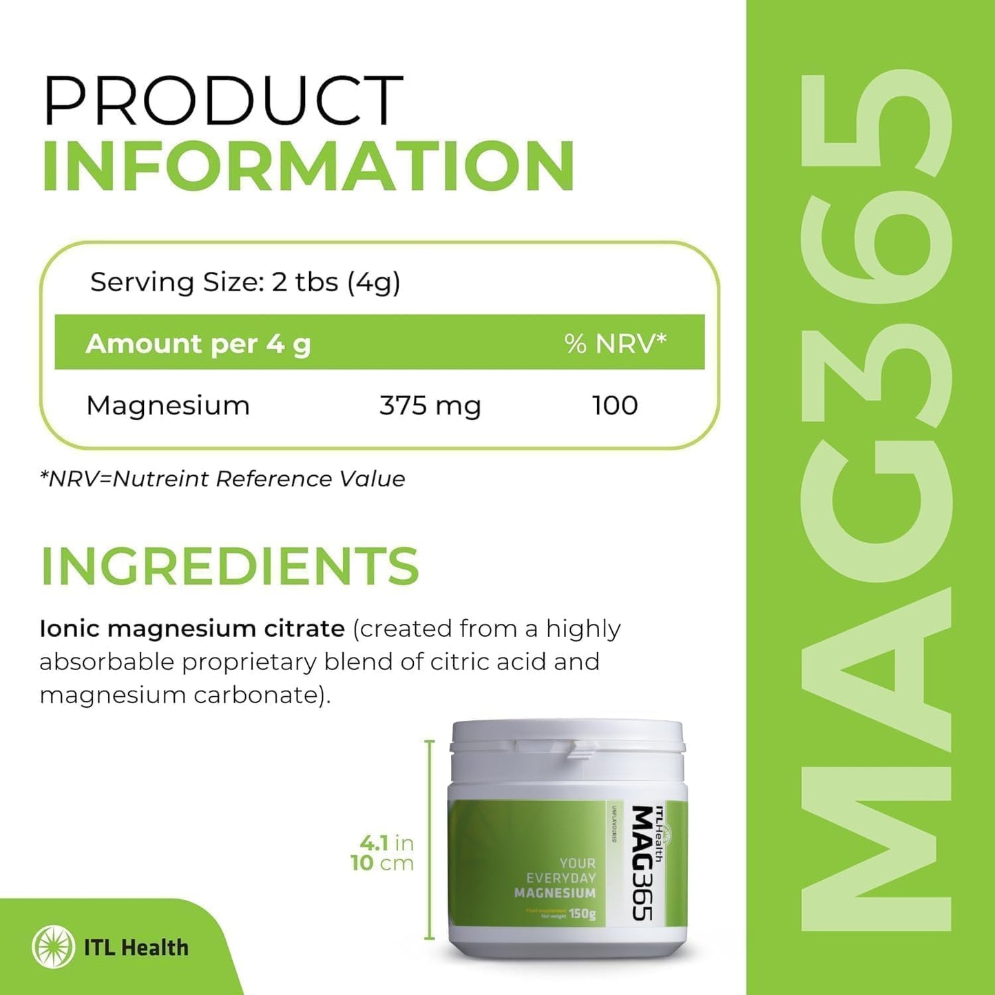 MAG365 ITL Health Ionic Magnesium Citrate Powder - Unflavored, Natural Citrus Taste - Supports Metabolism, Strong Bones, Muscle Function, Heart Health - 38 Servings