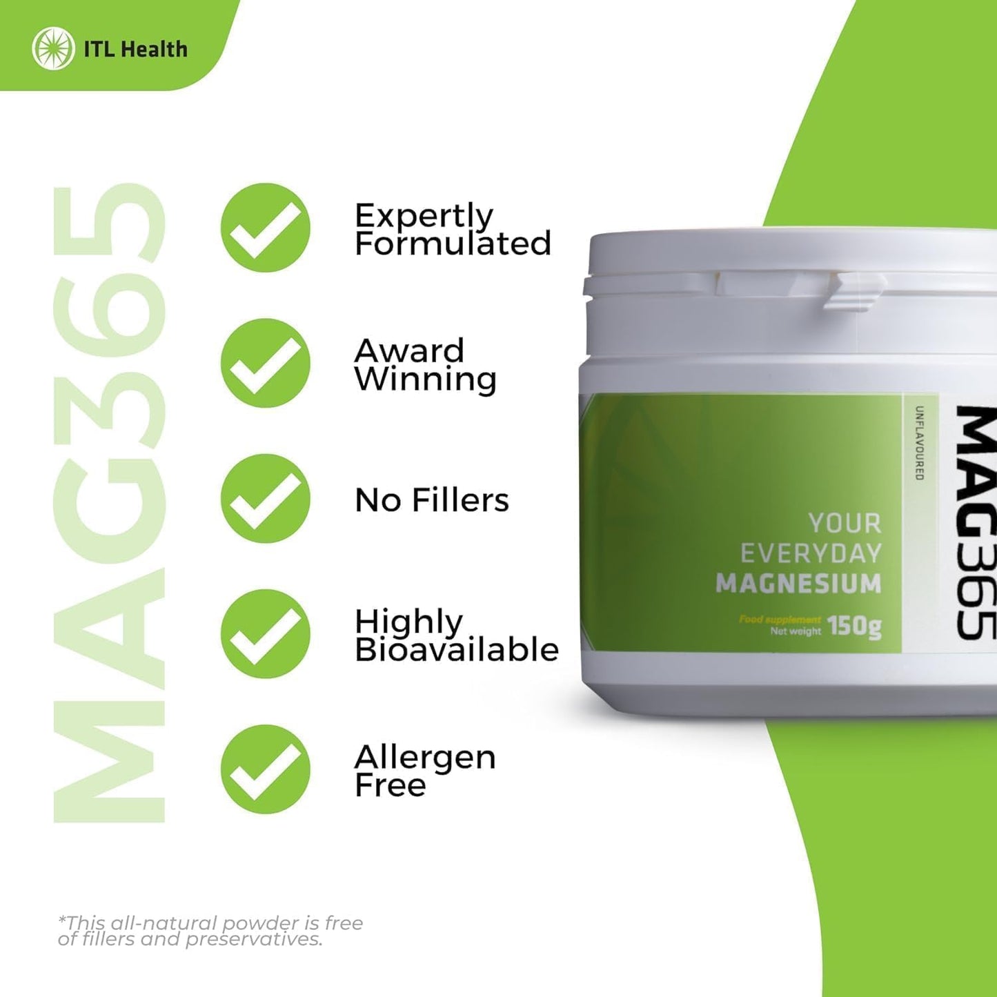 MAG365 ITL Health Ionic Magnesium Citrate Powder - Unflavored, Natural Citrus Taste - Supports Metabolism, Strong Bones, Muscle Function, Heart Health - 38 Servings