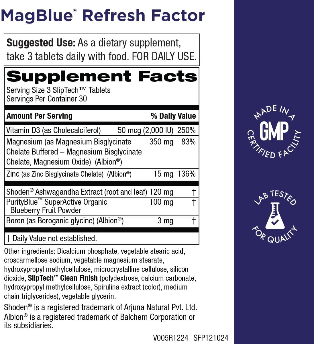 MagBlue Refresh Factor: Premium Magnesium Bisglycinate with Ashwagandha, Vitamin D3, Zinc, and Boron Tablets - 90 Count