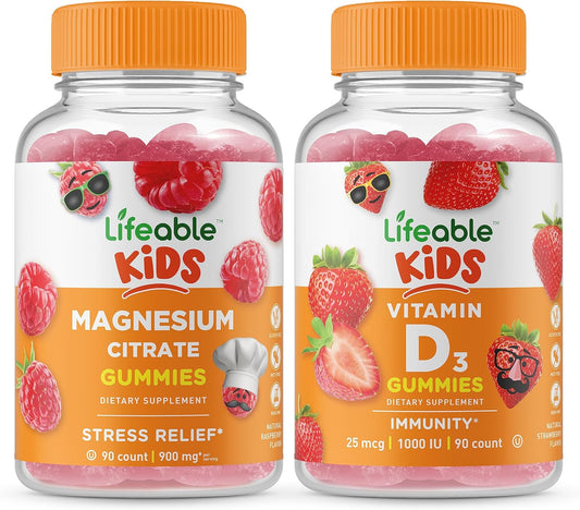 Magnesium and Vitamin D Gummies Bundle for Kids - Tasty Chewable Supplement, Gluten-Free, GMO-Free
