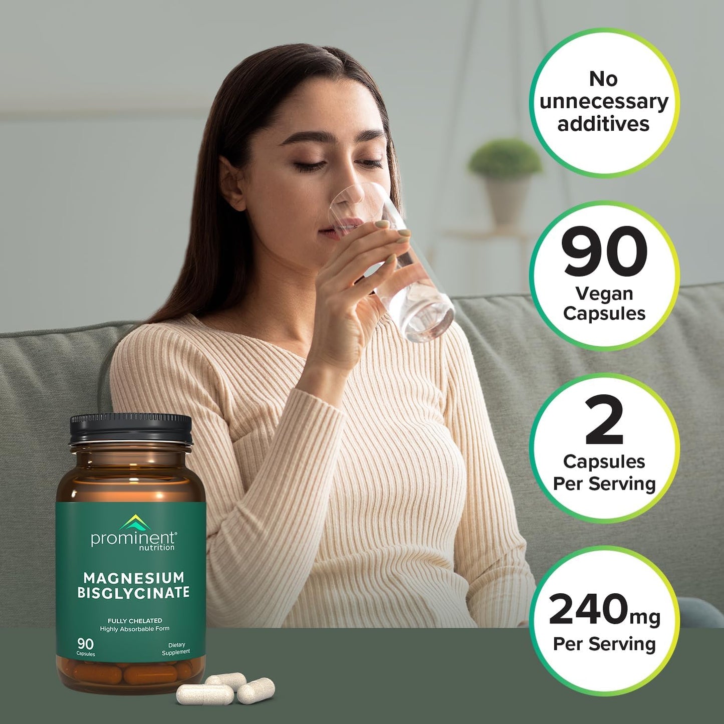 Magnesium Bisglycinate Capsules for Brain Health Support - 240 mg Supplement - 45 Day Supply
