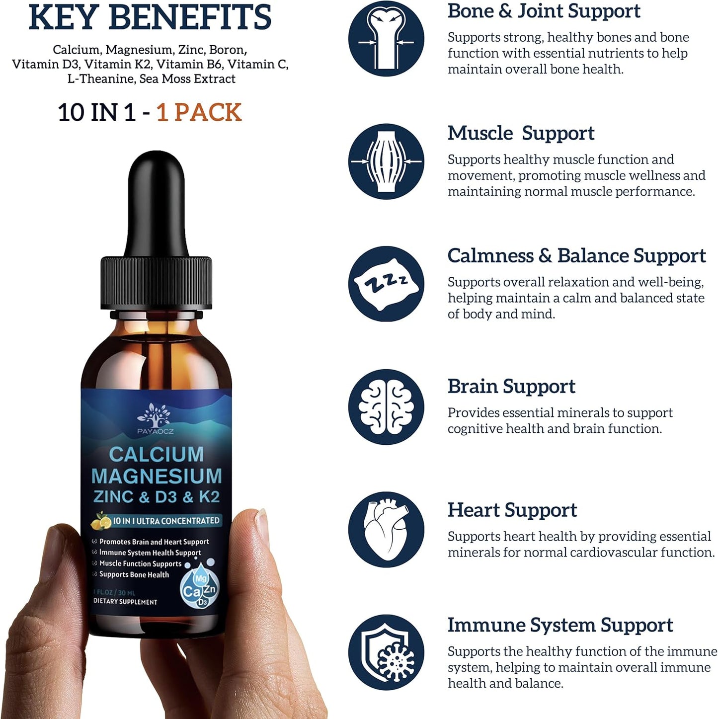 Magnesium Calcium Zinc Supplement with Vitamin D3 K2 for Women - Liquid Drops for Bone Health & Sleep, 1 Fl Oz