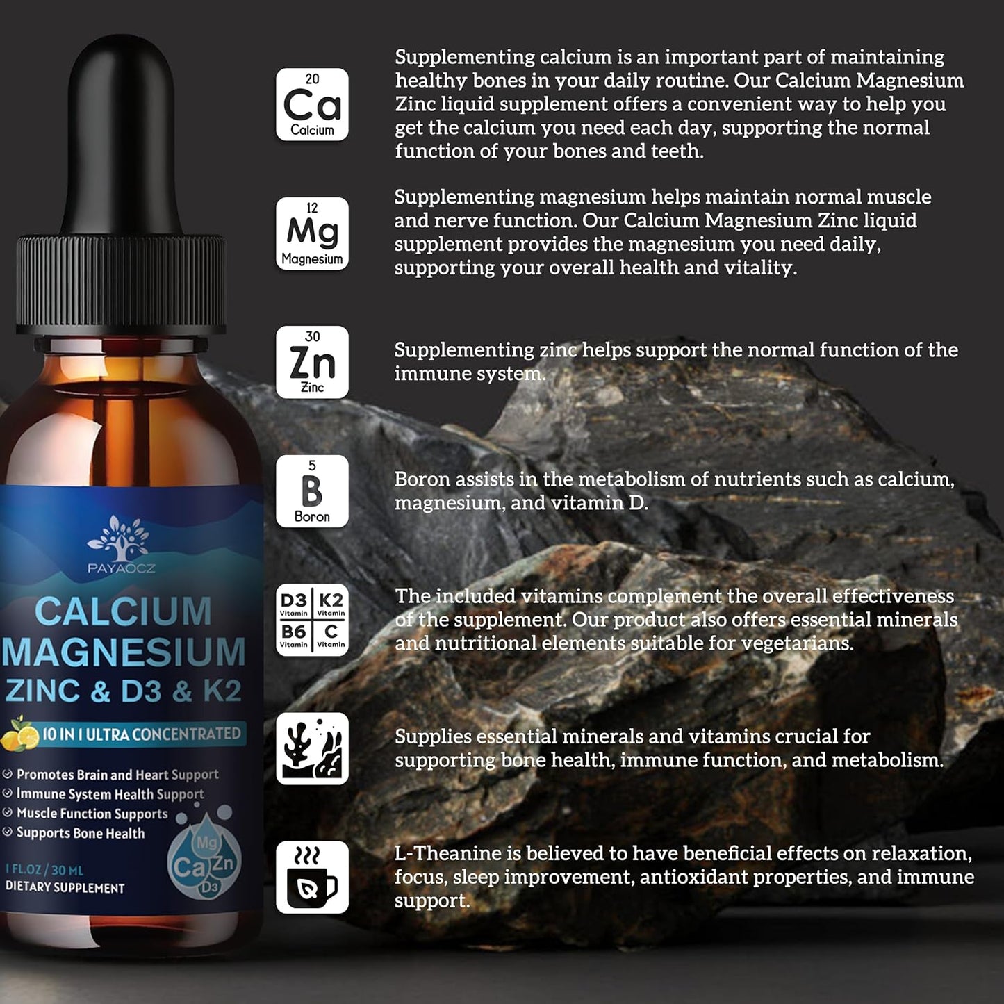 Magnesium Calcium Zinc Supplement with Vitamin D3 K2 for Women - Liquid Drops for Bone Health & Sleep, 1 Fl Oz