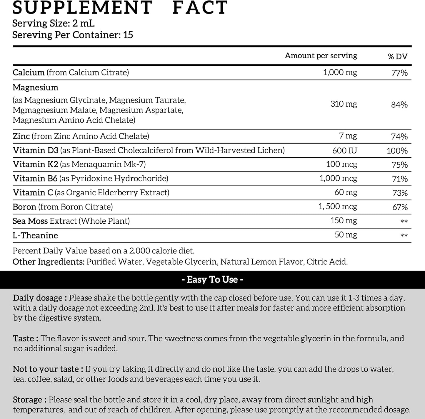 Magnesium Calcium Zinc Supplement with Vitamin D3 K2 for Women - Liquid Drops for Bone Health & Sleep, 1 Fl Oz