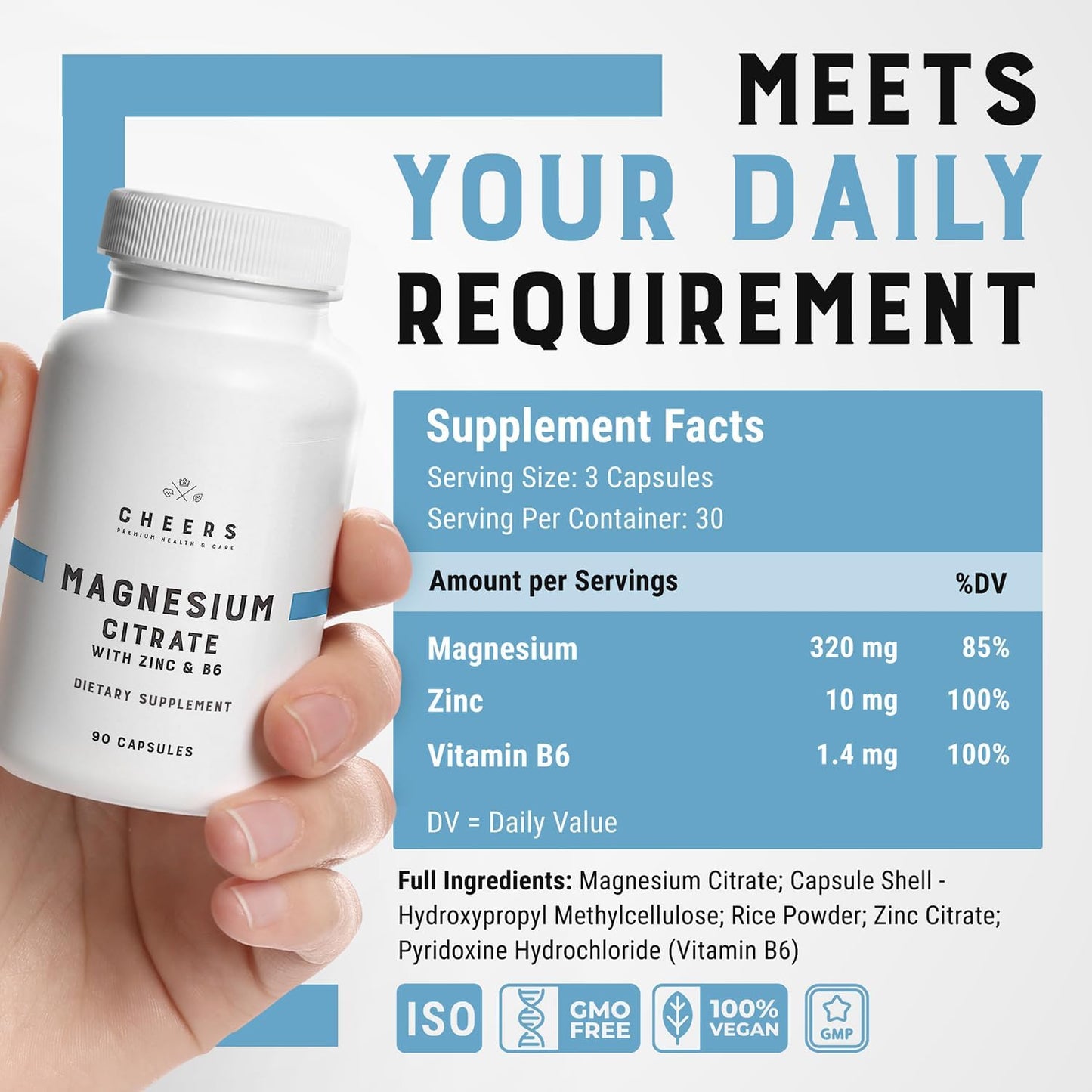 Magnesium Citrate Capsules - 85% Daily Value, 90 Count, 320 mg, Gluten-Free with Zinc & B6 - Vegan Adult Supplement