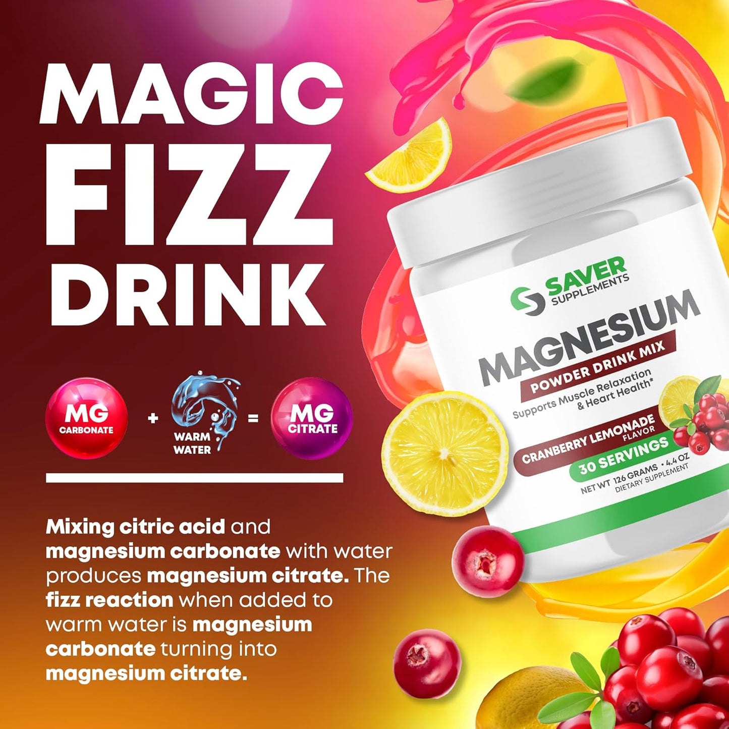 Magnesium Citrate Powder Drink Mix for Stress Relief & Heart Health - Cranberry Lemonade Flavor - 30 Servings