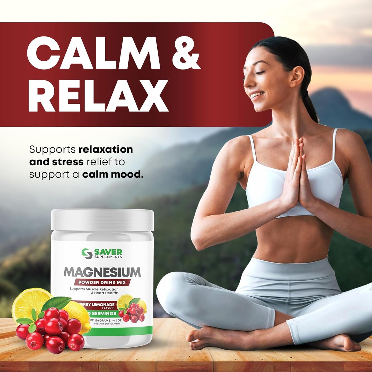 Magnesium Citrate Powder Drink Mix for Stress Relief & Heart Health - Cranberry Lemonade Flavor - 30 Servings