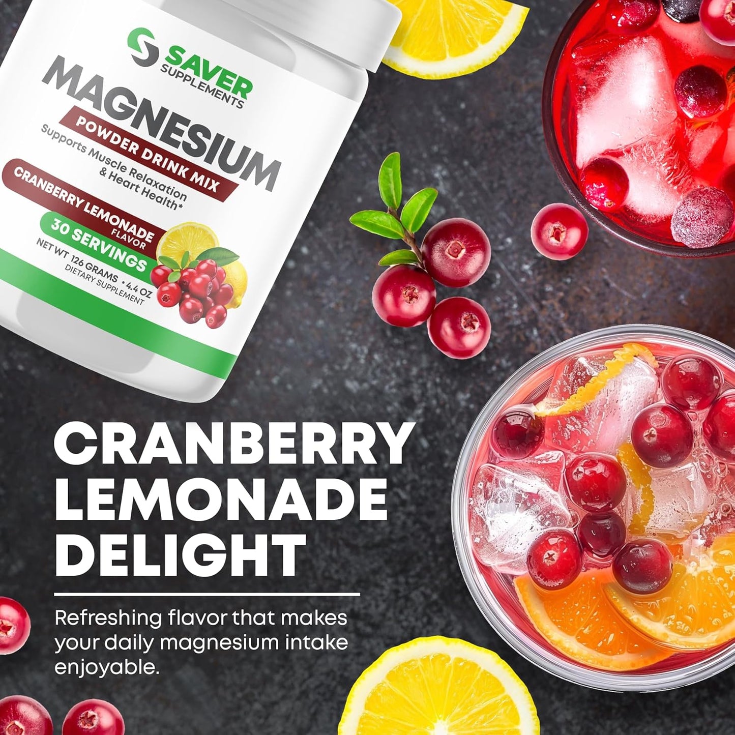 Magnesium Citrate Powder Drink Mix for Stress Relief & Heart Health - Cranberry Lemonade Flavor - 30 Servings