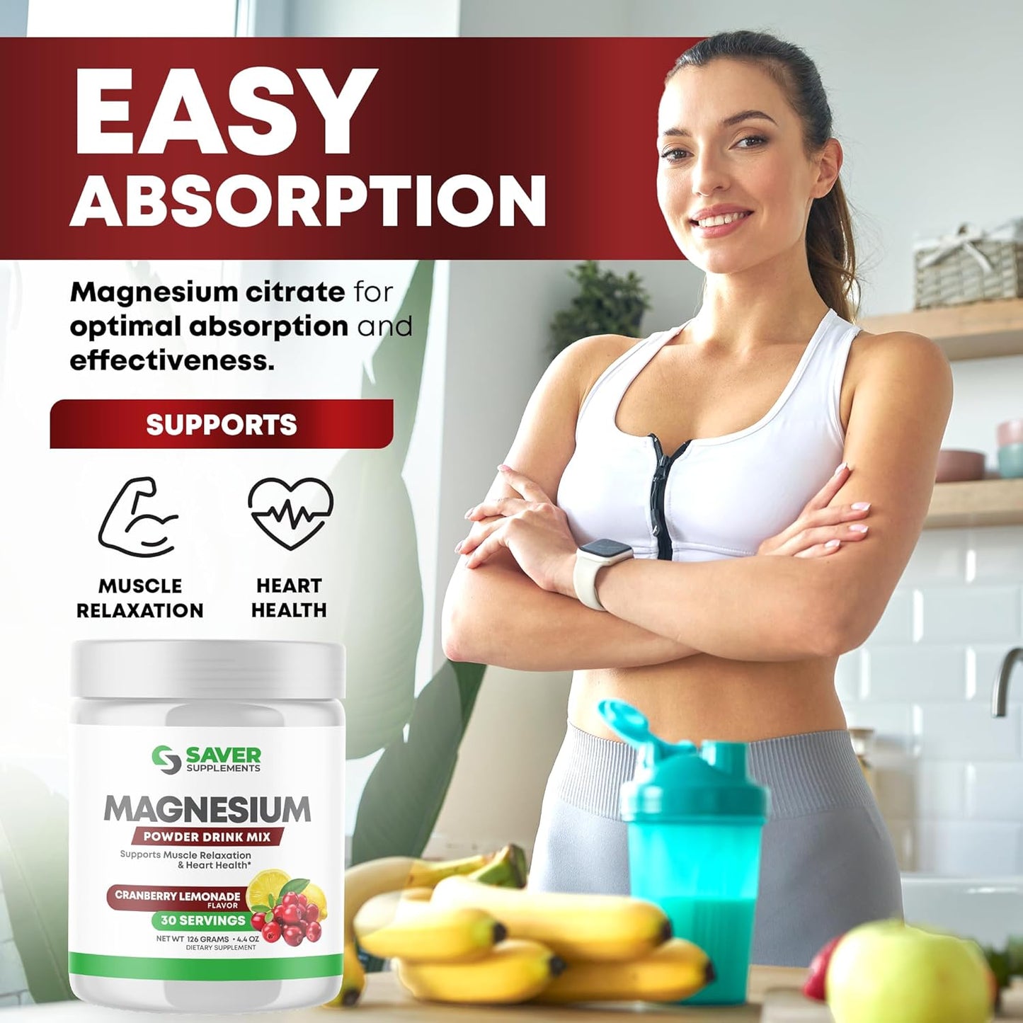 Magnesium Citrate Powder Drink Mix for Stress Relief & Heart Health - Cranberry Lemonade Flavor - 30 Servings