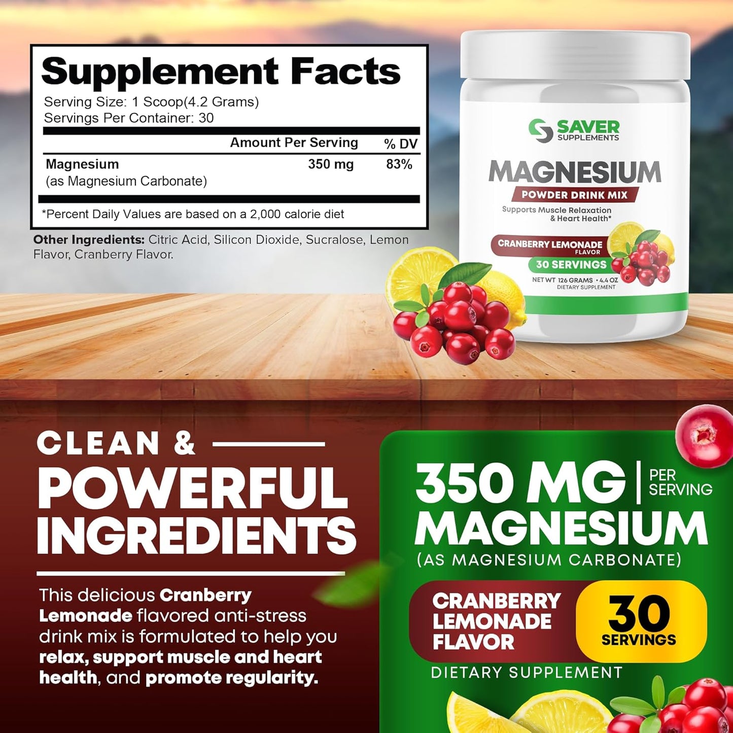 Magnesium Citrate Powder Drink Mix for Stress Relief & Heart Health - Cranberry Lemonade Flavor - 30 Servings