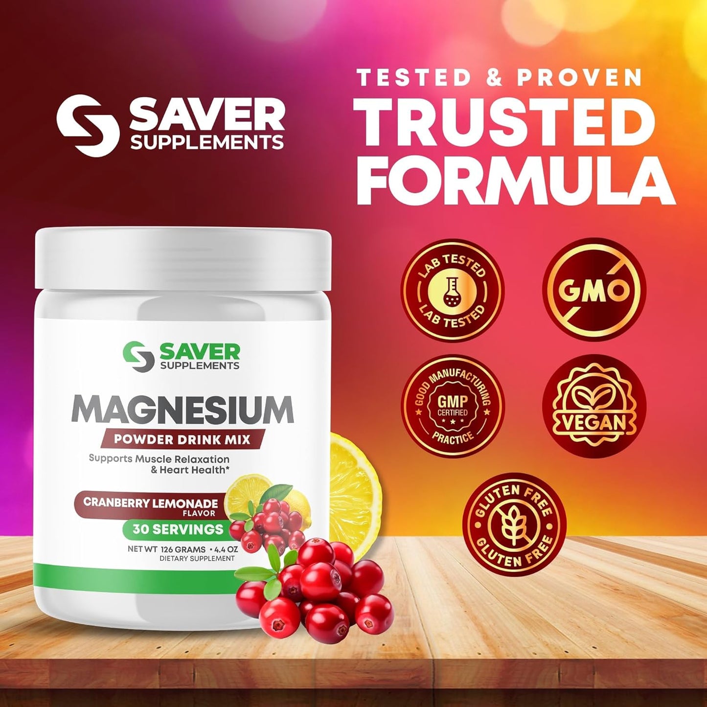 Magnesium Citrate Powder Drink Mix for Stress Relief & Heart Health - Cranberry Lemonade Flavor - 30 Servings