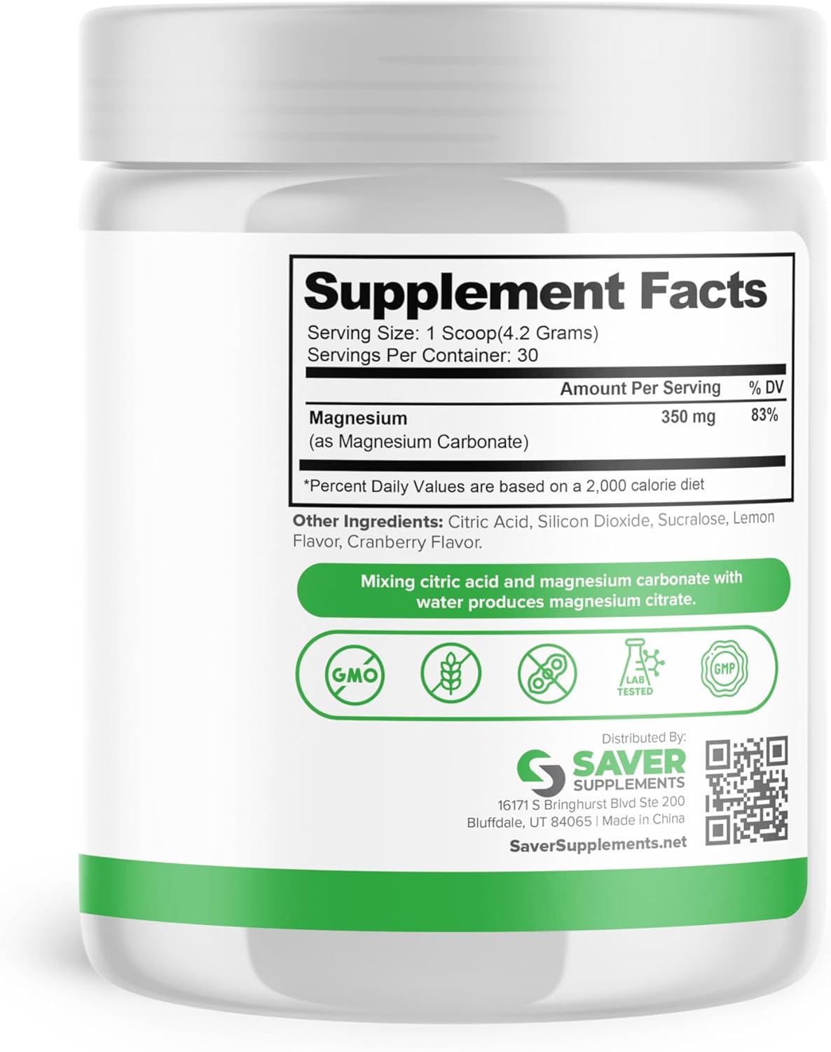 Magnesium Citrate Powder Drink Mix for Stress Relief & Heart Health - Cranberry Lemonade Flavor - 30 Servings