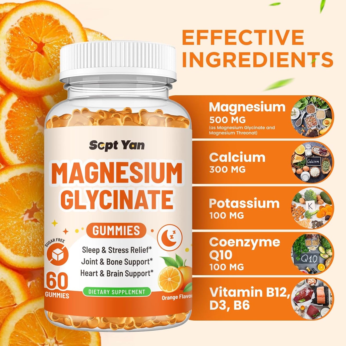 Magnesium Complex Gummies for Adults with Vitamin B6, D, CoQ10 - Mood, Bone, Muscle Support - Sugar Free Orange Flavor - 60 ct