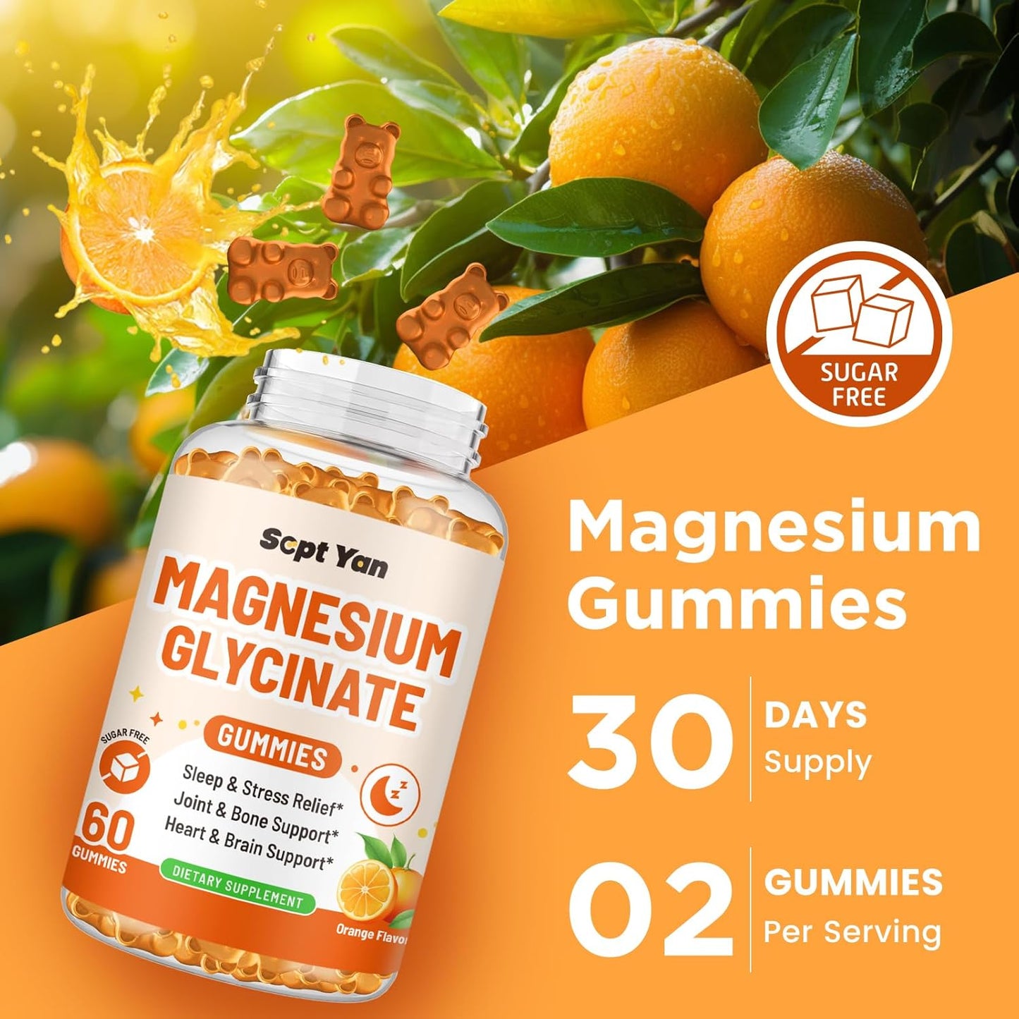 Magnesium Complex Gummies for Adults with Vitamin B6, D, CoQ10 - Mood, Bone, Muscle Support - Sugar Free Orange Flavor - 60 ct