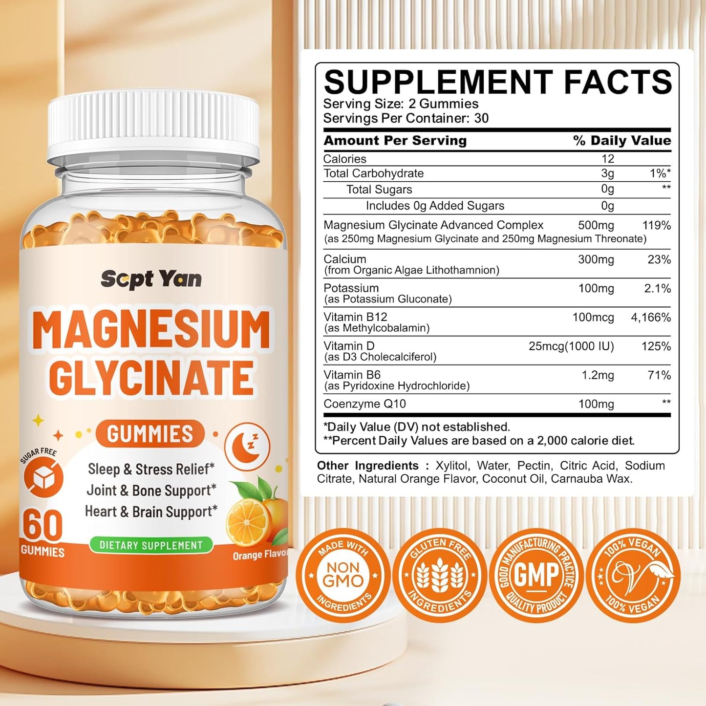 Magnesium Complex Gummies for Adults with Vitamin B6, D, CoQ10 - Mood, Bone, Muscle Support - Sugar Free Orange Flavor - 60 ct
