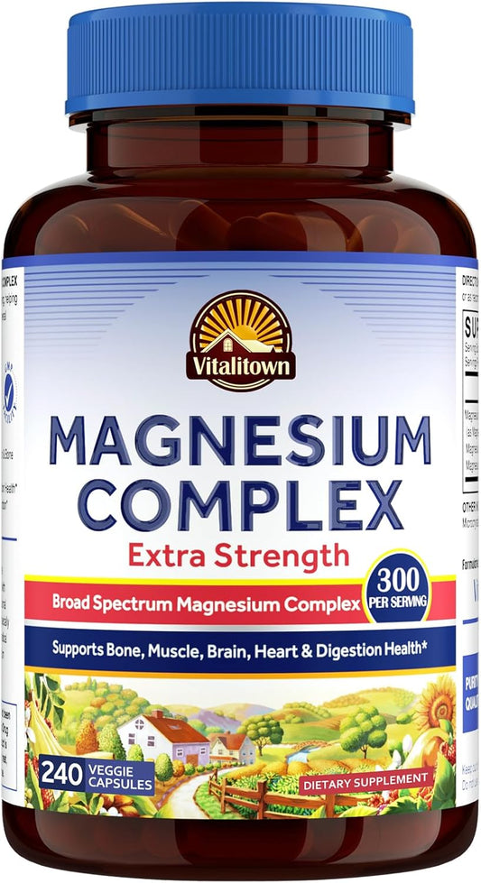 Magnesium Complex Supplement 300mg | Citrate Glycinate Taurate Malate | Non-GMO, Gluten-Free | 240 Capsules for Bone Muscle Brain Heart