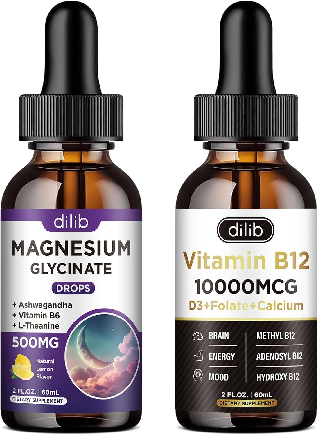 Magnesium Glycinate and Vitamin B12 Complex Liquid Drops Supplement Bundle