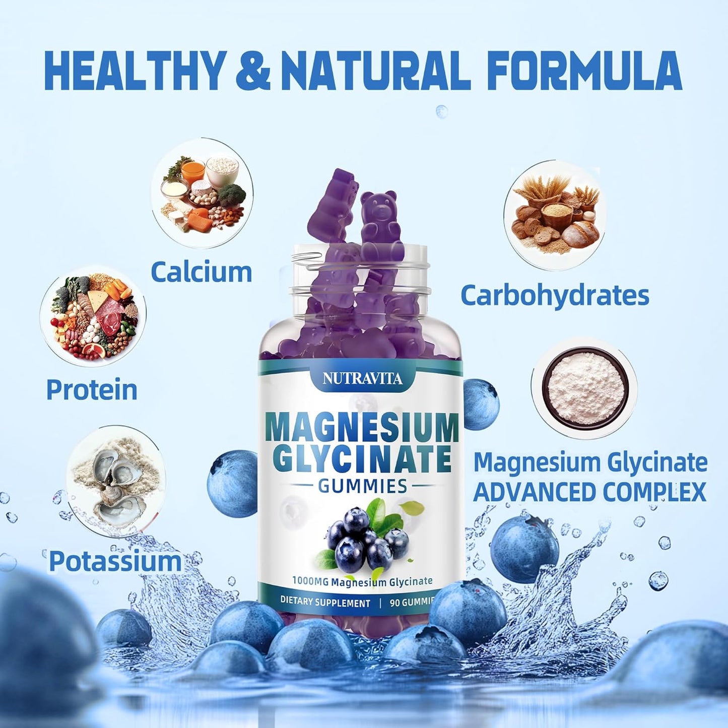 Magnesium Glycinate Gummies 1000mg with Potassium Complex - 90 Gummies Blueberry - Memory, Calm, Mood Support