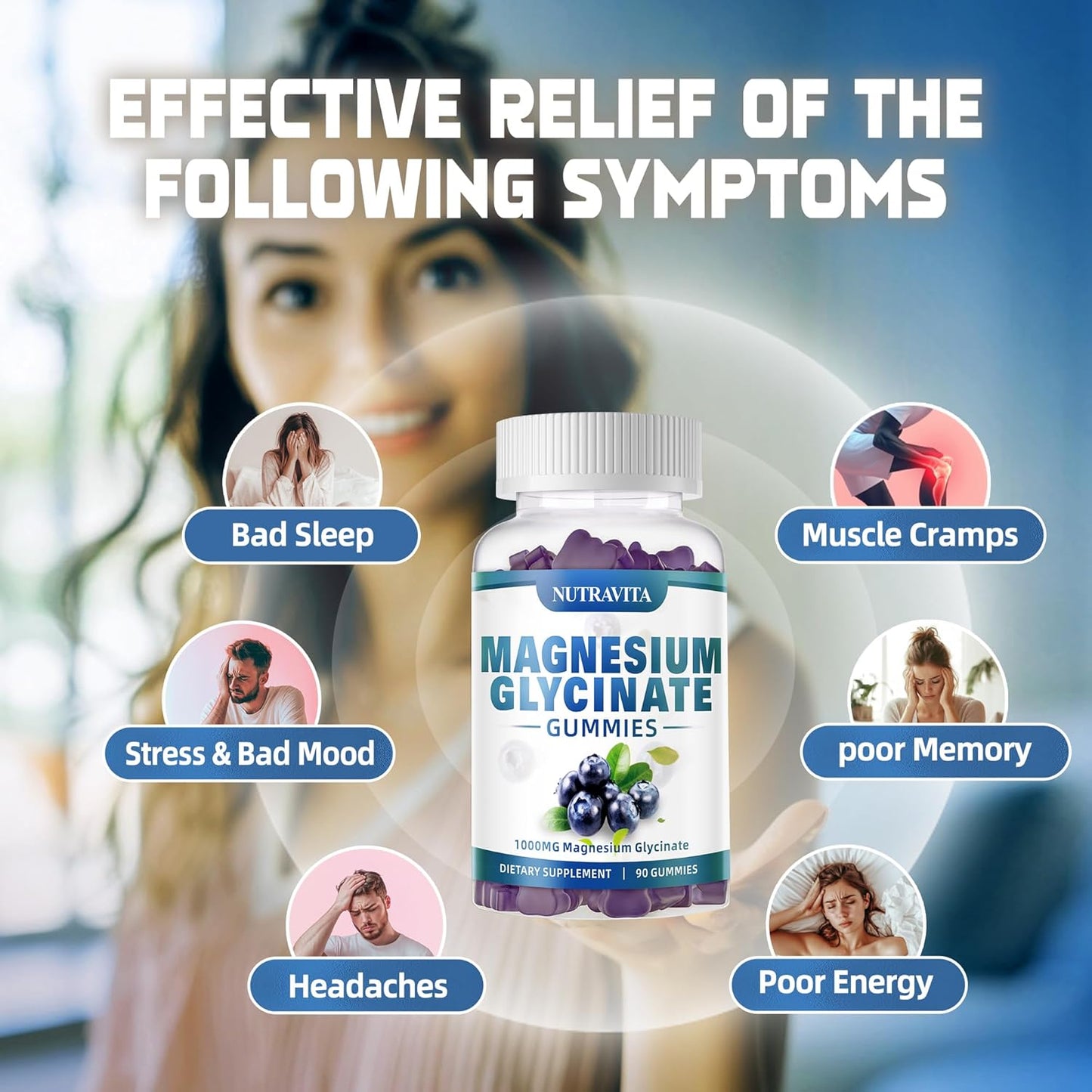 Magnesium Glycinate Gummies 1000mg with Potassium Complex - 90 Gummies Blueberry - Memory, Calm, Mood Support