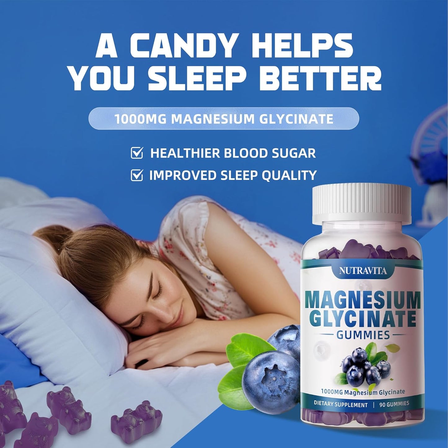 Magnesium Glycinate Gummies 1000mg with Potassium Complex - 90 Gummies Blueberry - Memory, Calm, Mood Support