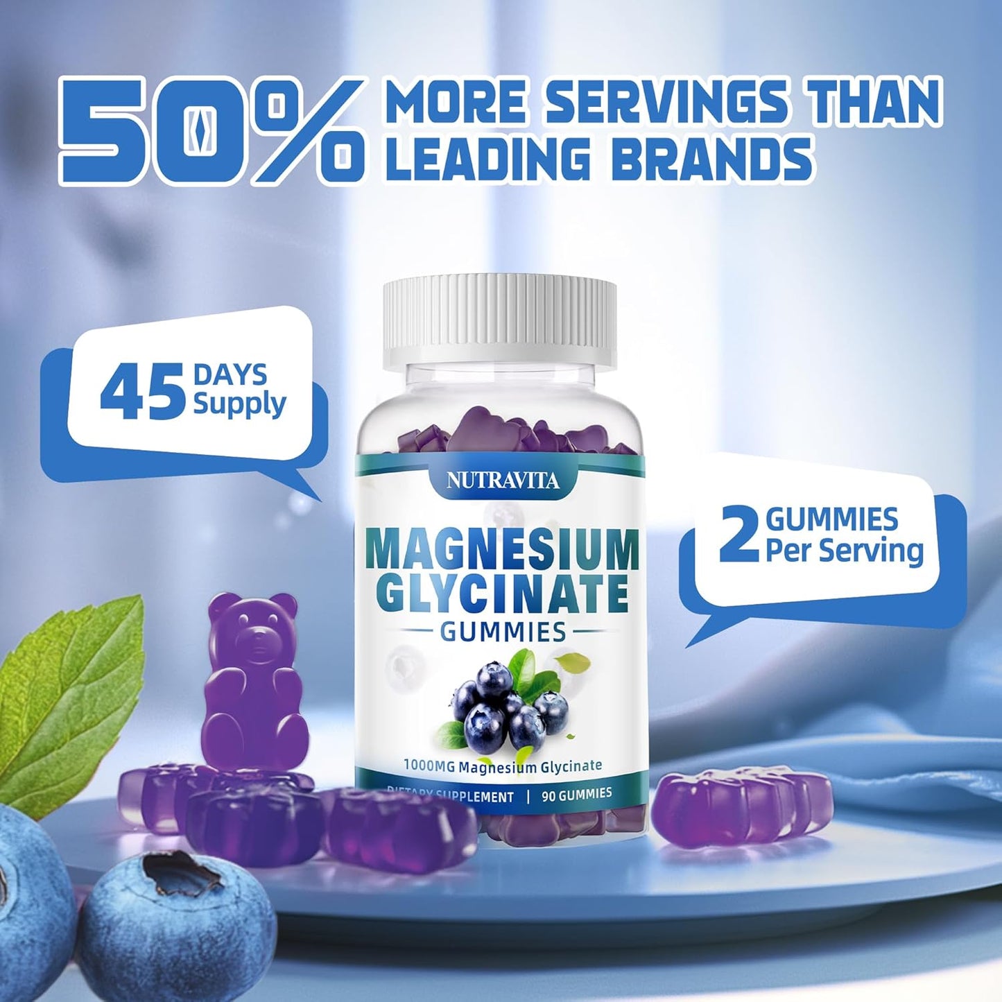 Magnesium Glycinate Gummies 1000mg with Potassium Complex - 90 Gummies Blueberry - Memory, Calm, Mood Support