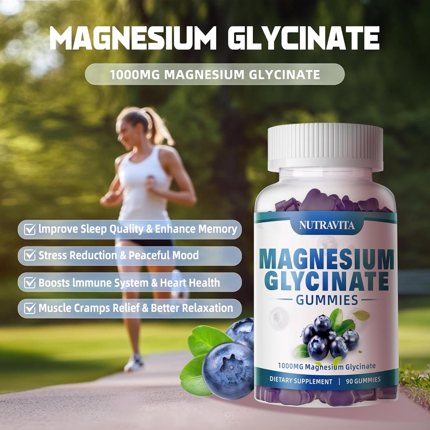 Magnesium Glycinate Gummies 1000mg with Potassium Complex - 90 Gummies Blueberry - Memory, Calm, Mood Support