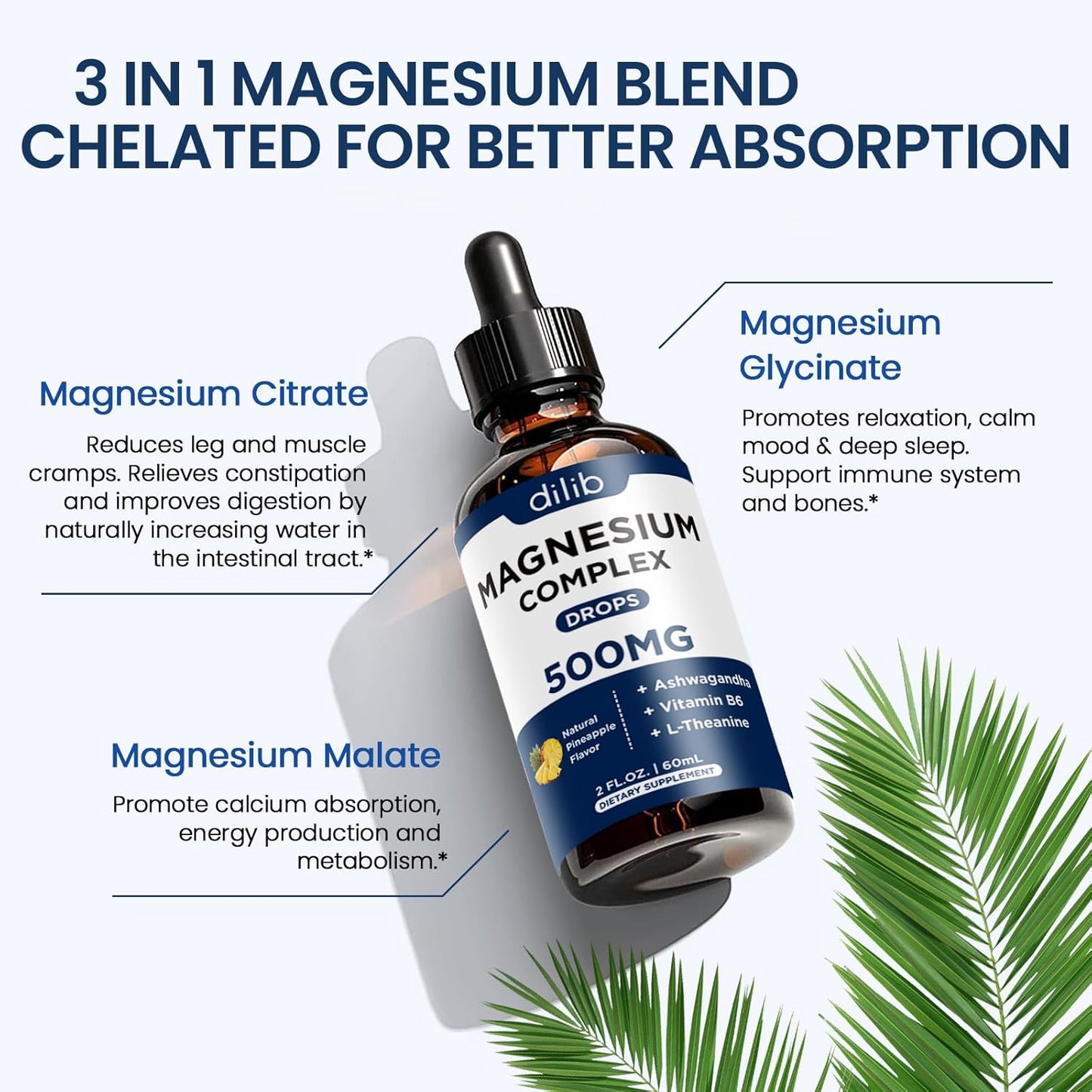 Magnesium Glycinate Liquid Drops 500mg with Triple Complex - Sleep Aid & Stress Relief Supplement - Pineapple Flavor - 4 Fl Oz