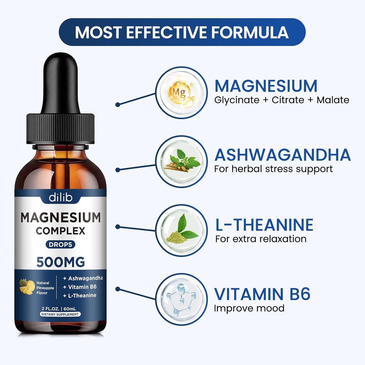Magnesium Glycinate Liquid Drops 500mg with Triple Complex - Sleep Aid & Stress Relief Supplement - Pineapple Flavor - 4 Fl Oz