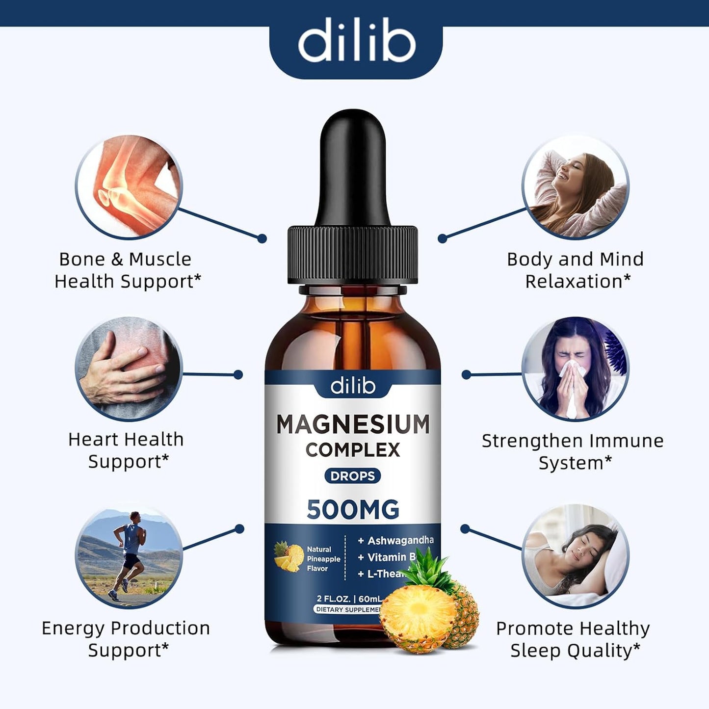 Magnesium Glycinate Liquid Drops 500mg with Triple Complex - Sleep Aid & Stress Relief Supplement - Pineapple Flavor - 4 Fl Oz